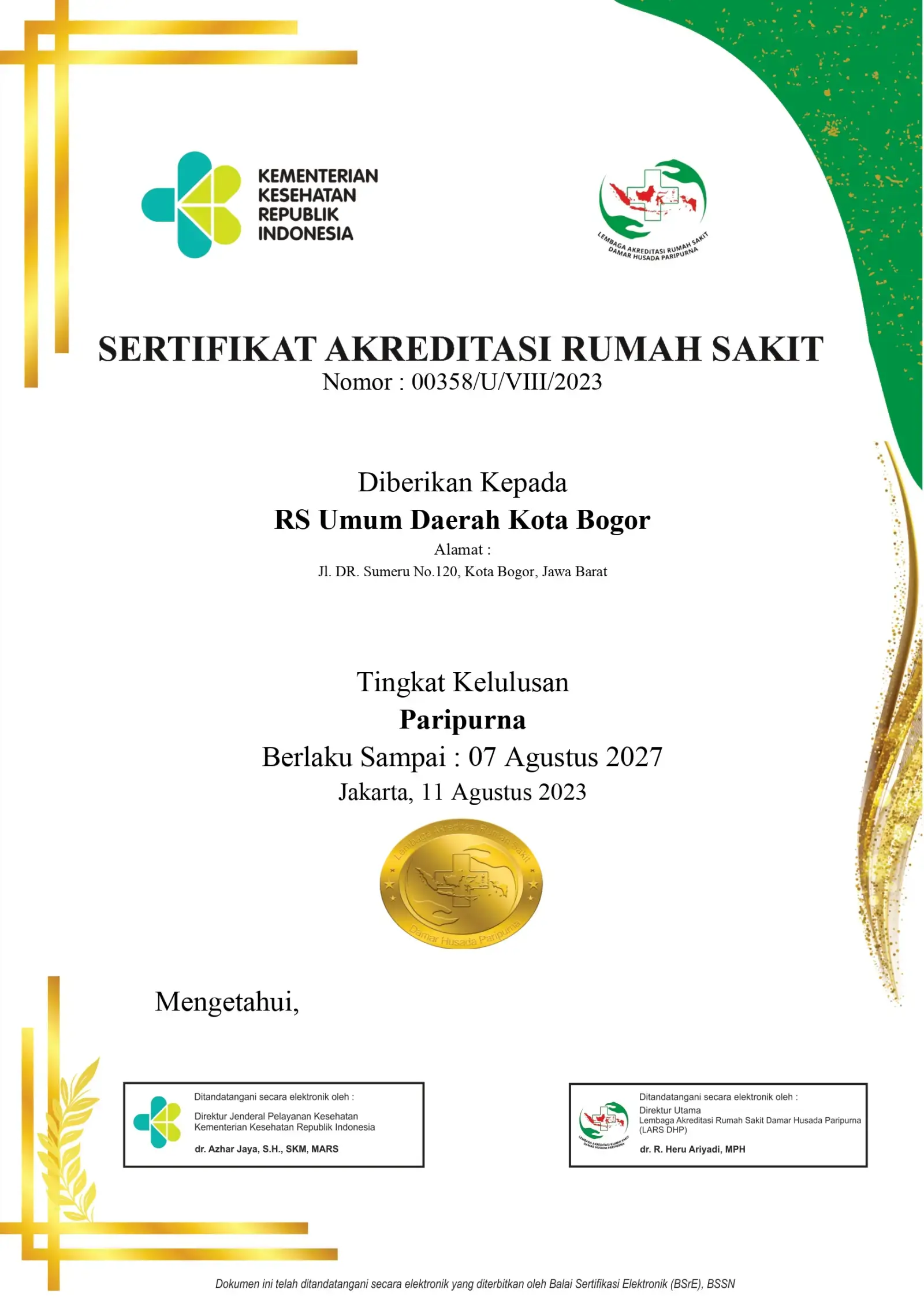 SERTIFIKAT AKREDITASI RUMAH SAKIT